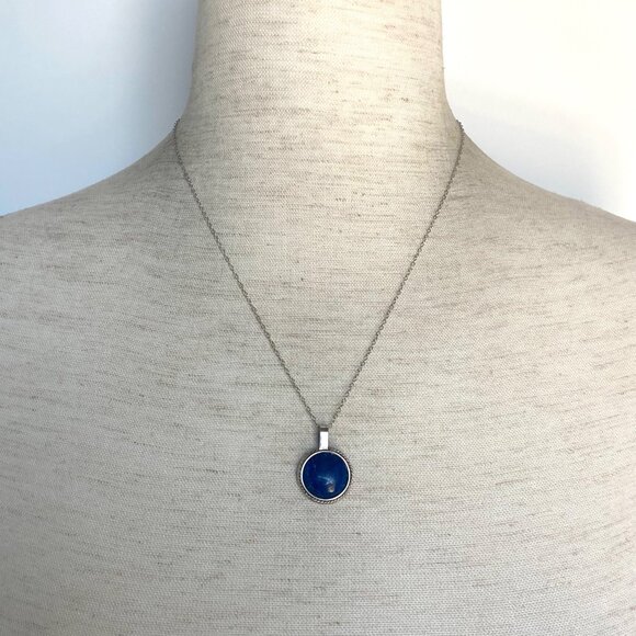 950 Silver Dainty Round Lapis Lazuli Pendant Cabochon Necklace 18" Cable Chain - Picture 2 of 16